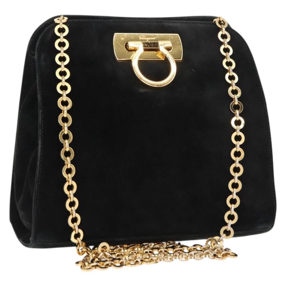 Salvatore Ferragamo Gancini Chain Shoulder Bag Suede Black Gold Auth fm4930